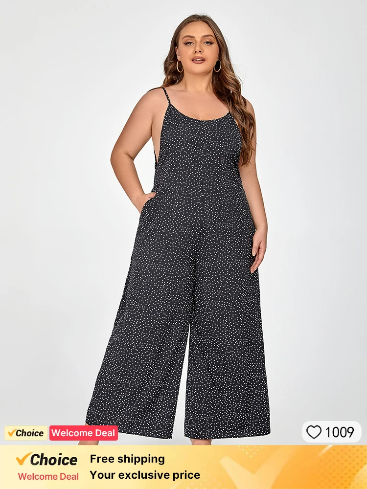 Plus Sized Clothing Women Black Polka Dot Spaghetti Strap Jumpsuit with Pockets Wide Leg Pants Female Clothes Summer Jumpsuit