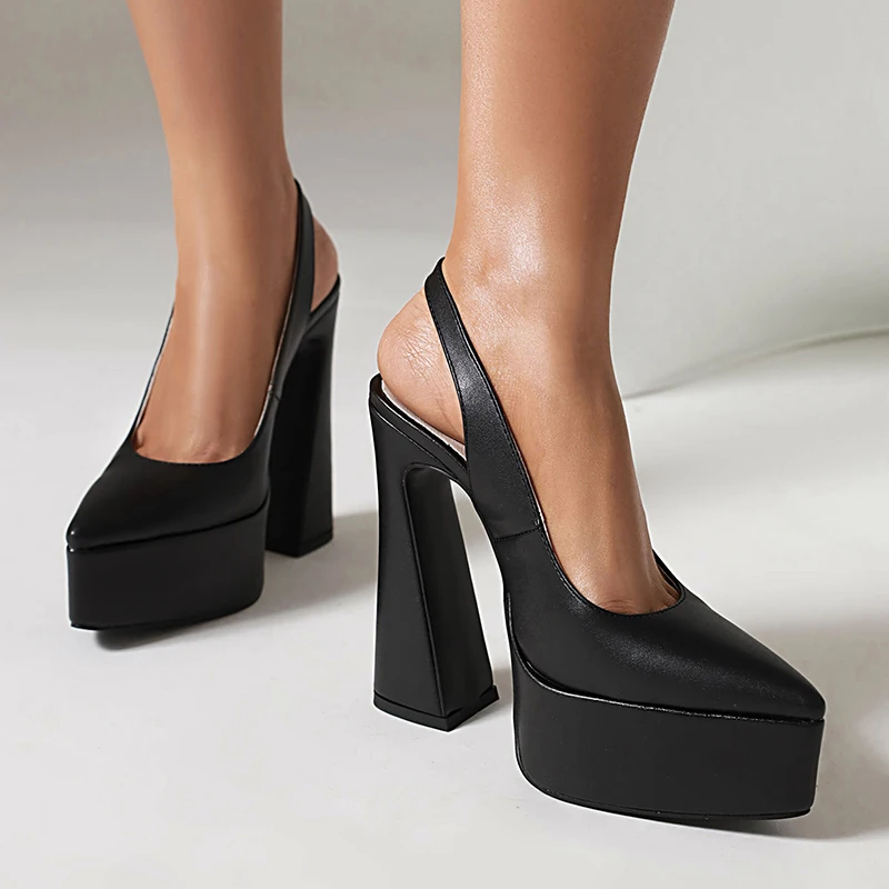 LIHUAMAO Pumps High Heel Shoes Women Sandals Slingback Heel Pointed Toe Ankle Strap Platform Shoes Party Office Lady Chunky Heel