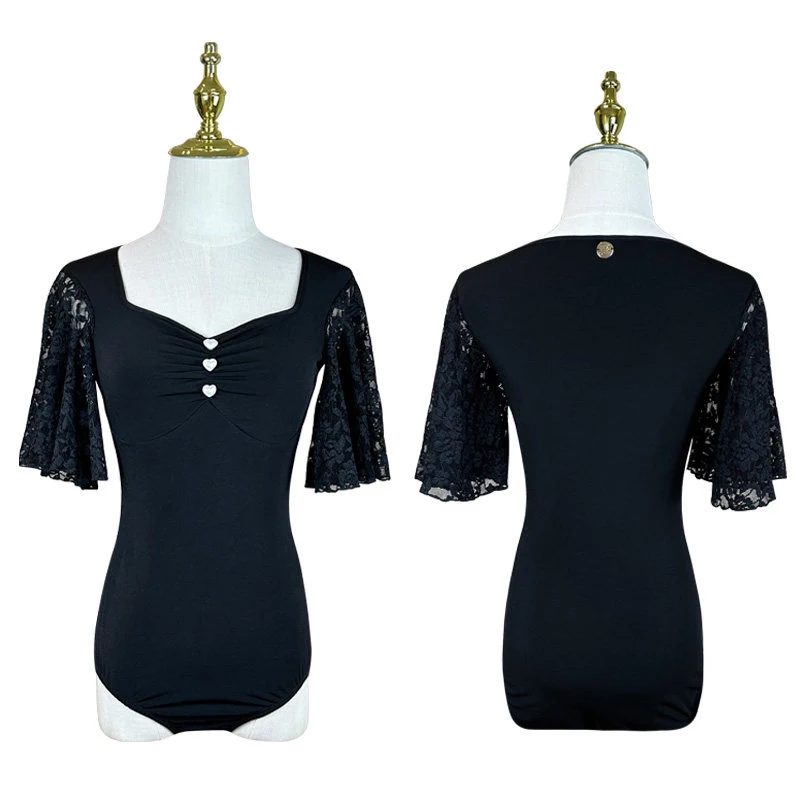 Lace Sleeve Ballroom Dance Top Women Black Training Bodysuit Adult Modern Standard Dance Clothes Performance Practice Wear 4194