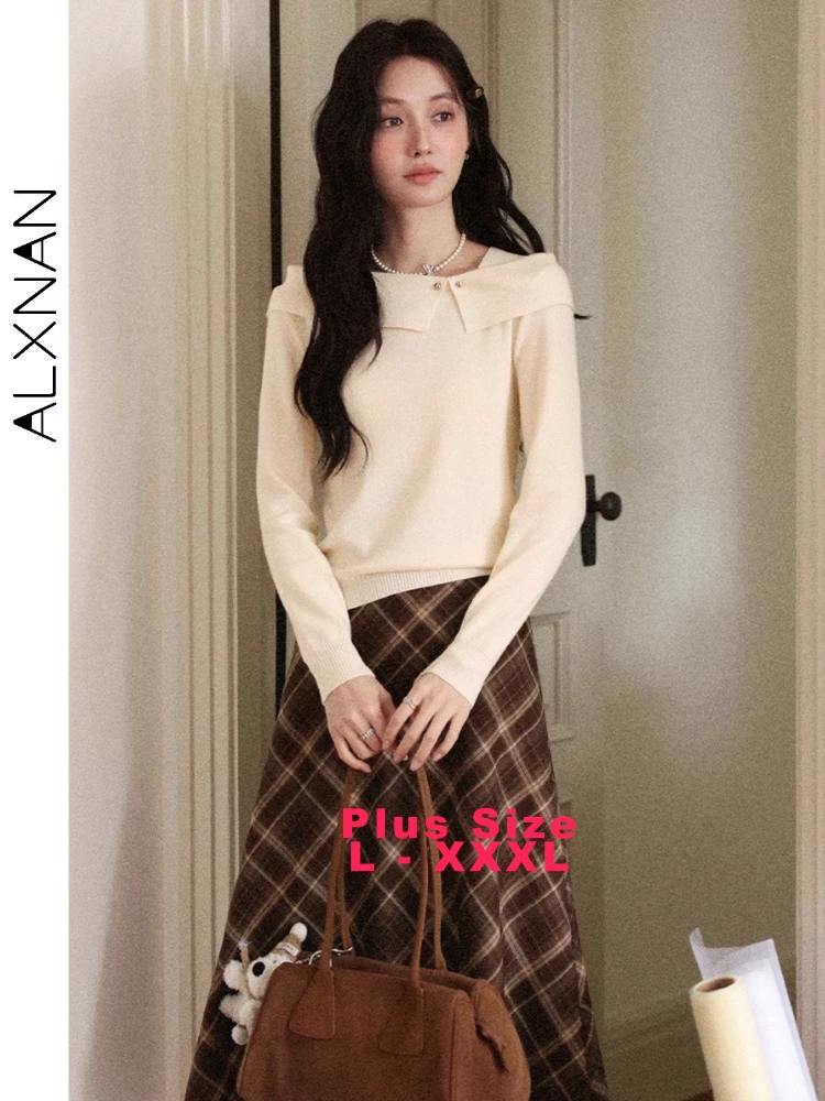 

ALXNAN Plus Size Women's Knitted Sweater Slash Neck Tops Breathable Fabric Autumn Versatile Casual Base Layer Pullovers D12551