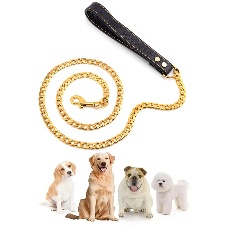 

11.5mm Width Pet Cuban Link Stainless Steel Gold Dog Chain Leash Chain Metal Lead Rope For Dogs