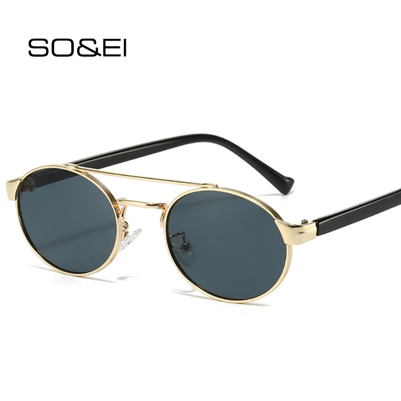 SO&EI Retro Metal Double Bridges Oval Sunglasses Women Fashion Gradient Shades UV400 Men Punk Round Sun Glasses