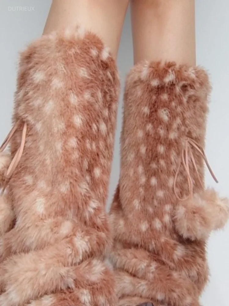Y2k Vintage Faux Fur Leg Warmers Deer Pattern Girl Harajuku Winter Warm Furry Boots Cover Socks Jk Lolita Bandage Accessories