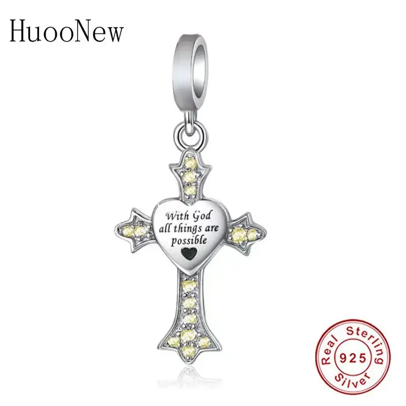 

100% серебряный желтый Цирконий крест с Богом все возможные бусины подходят для оригинального браслета Pan Charms для изготовления Berloque