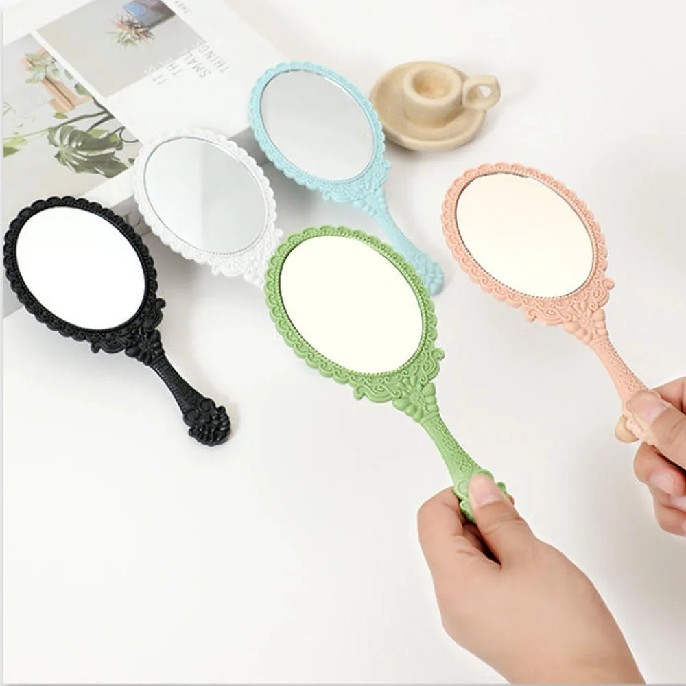 Espelho de vaidade portátil esculpido vintage elipse abs espelho de maquiagem spa salão de beleza espelho de mão alça cosmética compacto para mulher
