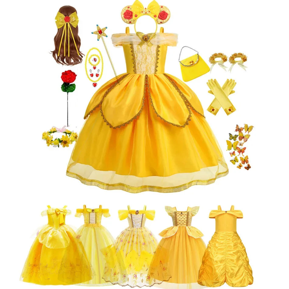 

Girl Belle Dress Up Sleeveless Floral Children Party Princess Costume Kids Beauty and The Beast Halloween Carnival Outfit