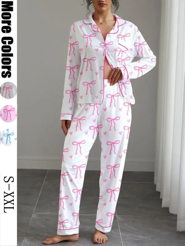 

Women's Cute Bow Print Pajama Set, Soft Elastic Fabric, Long Sleeve Shirt Collar Top & Pants, Perfect for Home & Outdoor Wear
