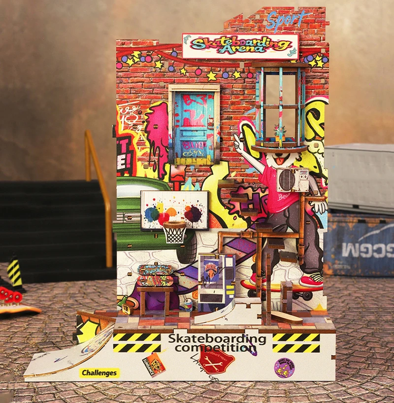 Figuras de rincón de libros de madera DIY, miniaturas, competición de monopatín, sujetalibros, estantería para amigos, regalo de cumpleaños, manualidades decorativas para el hogar