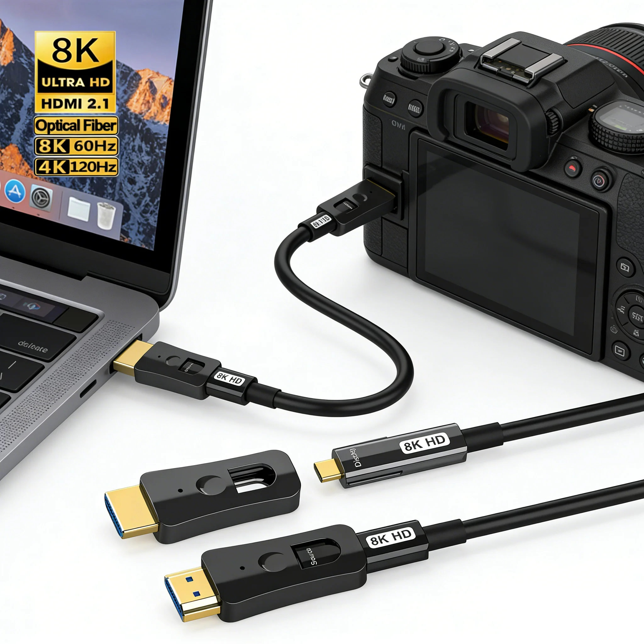 Fiber optic HDMI 2.1 Threaded Cable 8K A to D Type Micro HDMI Double Head Pullable 48Gbps 4K@120Hz for HDTV projector Cameras