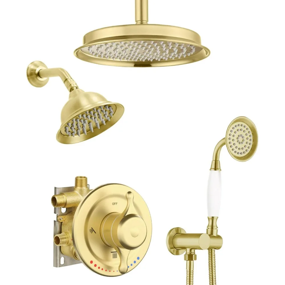 

Vintage Brass Shower System with Dual 9 & 6 Inch Rain Shower Heads, Handheld Spray, and 3-Way Pressure Balanced Diverter