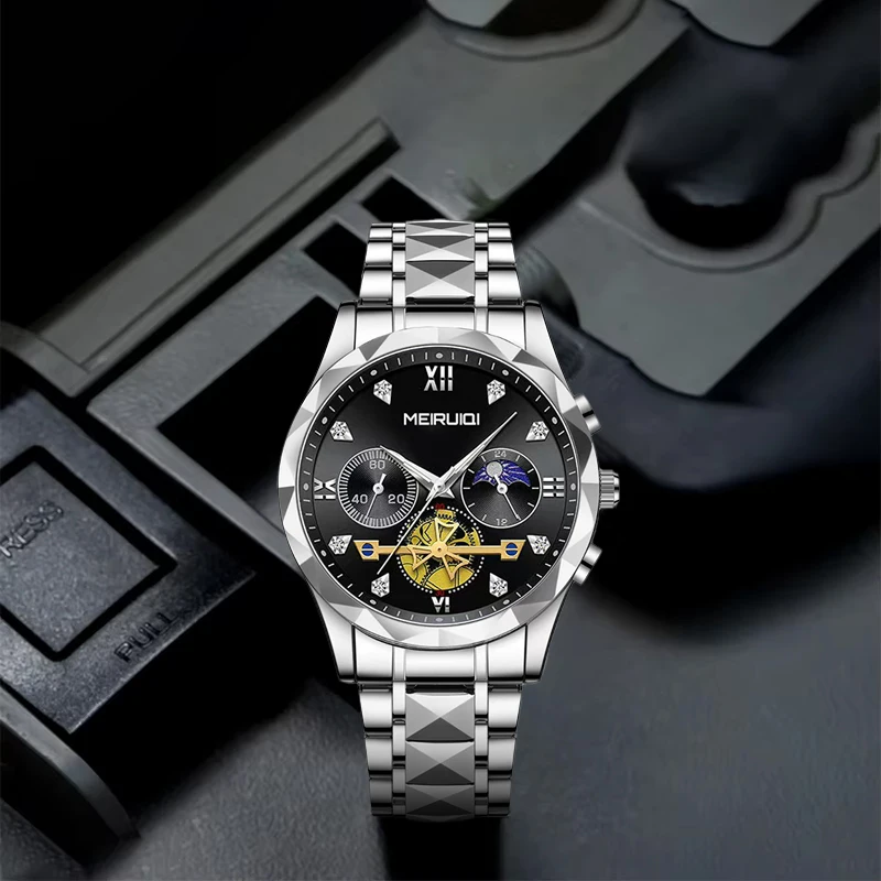 

Мужские серебристо-черные кварцевые часы в повседневном стиле с атмосферным дизайном, функцией отображения фаз луны и тремя циферблатами, многофункциональные.