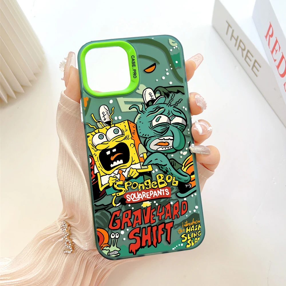 Cartoon Cute SpongeBobs Phone Case for IPhone 13 12 11 15 14 Pro Max Plus Lens Creative Border Silver Plated Inside Hard TPU