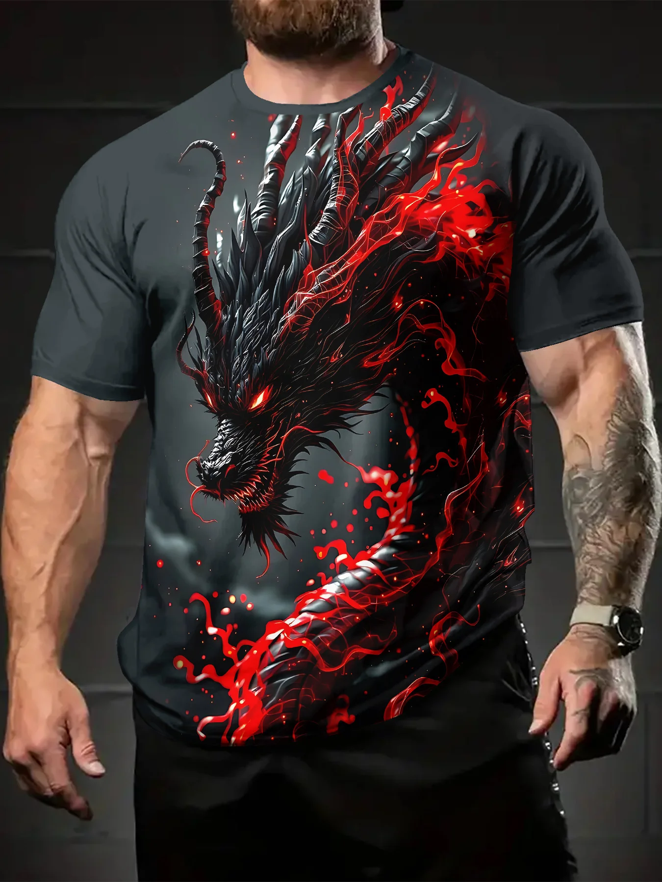 Men's 3D Printed Dragon Graphic T-Shirt Summer Casual Crew Neck Short Sleeve Sports and Outdoor Breathable Regular Version