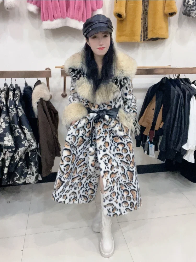 2024 Winter New European Mink Fleece Imitation Mink Fur Coat Women Mid Length Knee Imitation Faux Fur Collar Coat Fluffy Jacket