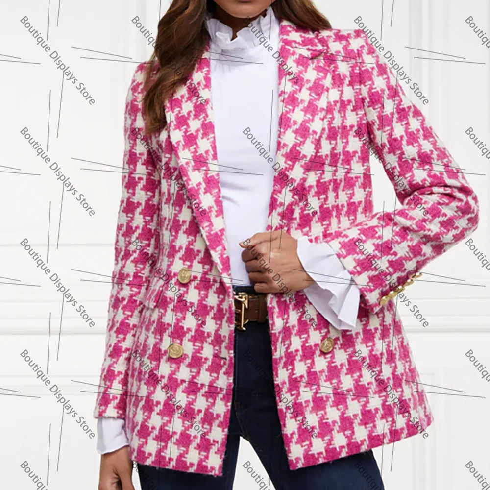 Popular Double Breasted Pink Houndstooth Women Jacket Female Daily Coat Formal Blazer One Piece