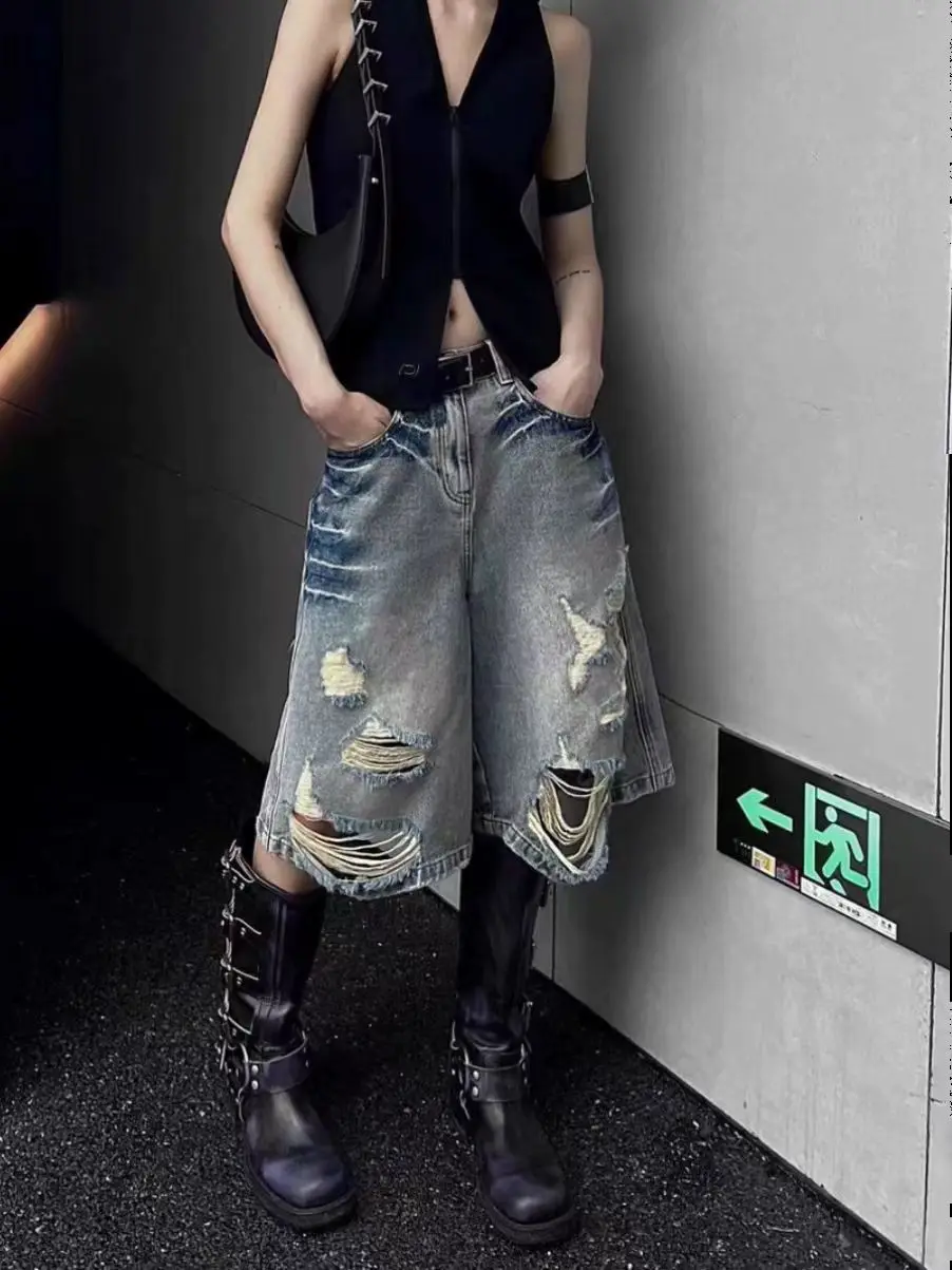 Hot Girl Retro Lavagem Rasgado Shorts Jeans para Mulheres Cintura Alta Solta Personalidade Perna Larga Calças Médias de Cinco Pontos