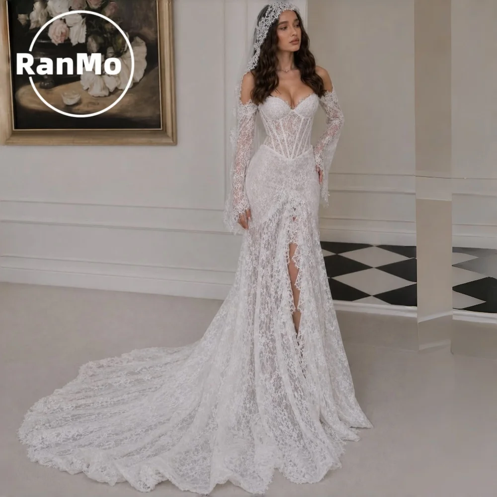 Ranmo Exquisite Wedding Dresses Long Sleeves Lace Bodice Bridal Gown with Slit Off the Shoulder Luxury robe de mariée Customized