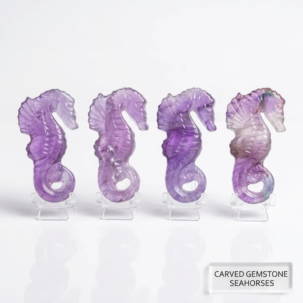 Natural Fluorite Seahorse Carving Hand-Polished Crystal Animal Figurine Reiki Healing Energy Stone Ornament Ocean Theme Decor