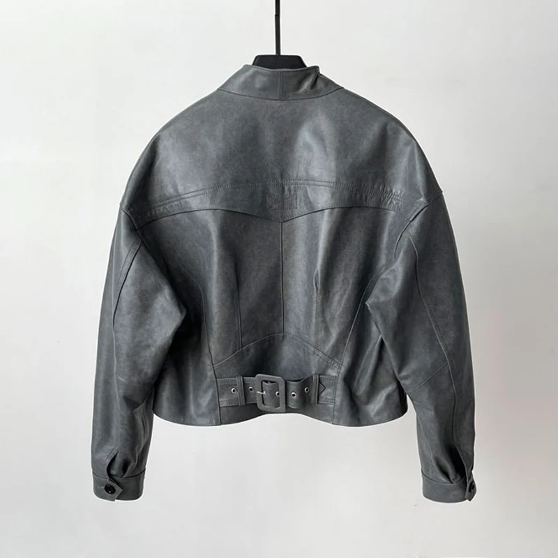 Mode Stehen Kragen Frauen 100% Echtes Leder Biker Jacken Herbst Winter Casual Weibliche Lose Volle Hülse Schaffell Jacke Mäntel