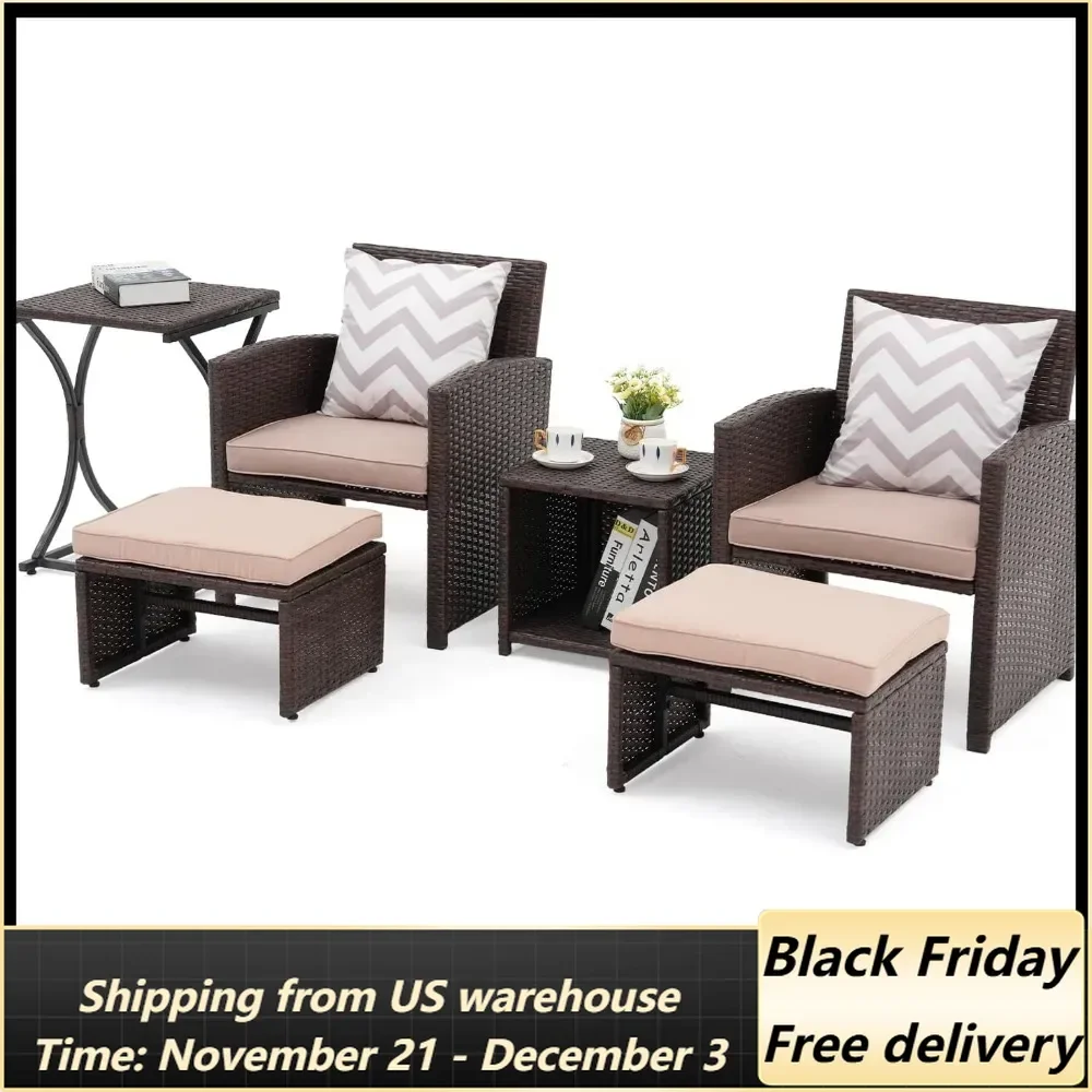 6 Piece Patio Wicker Furniture Set, Balcony All Weather Rattan Chair, with Space Saving Ottoman, Resin Nesting Coffee Table