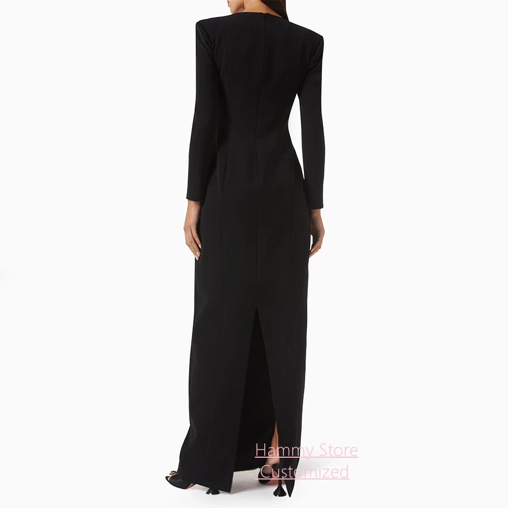 Customized Simple Evening Dress Fashion Small V Neck Full Sleeves Beading Sequined Back Split Floor Length Black Prom Gown
