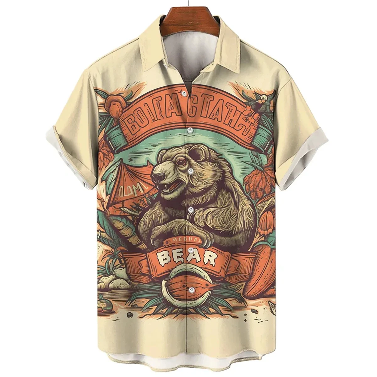 Evil Brown Bear Print Men\'s Short Sleeve Shirt Hawaiian Fashion Lapel Men\'s Tops Large Size Casual Men\'s Shirt 2024 New Style