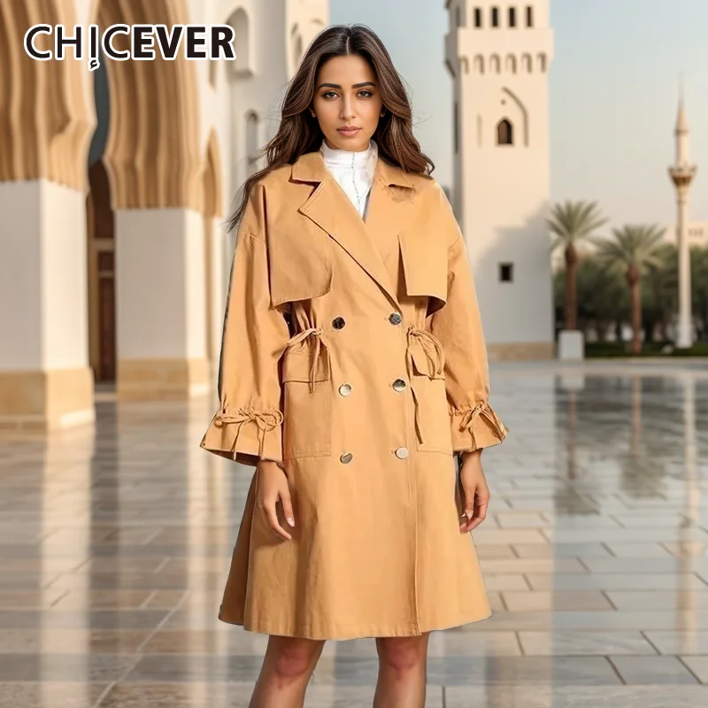 

CHICEVER Temperament Soild Trench For Women Notched Collar Long Sleeve Double Breasted Spliced Pocket Casual Loose Coats Female