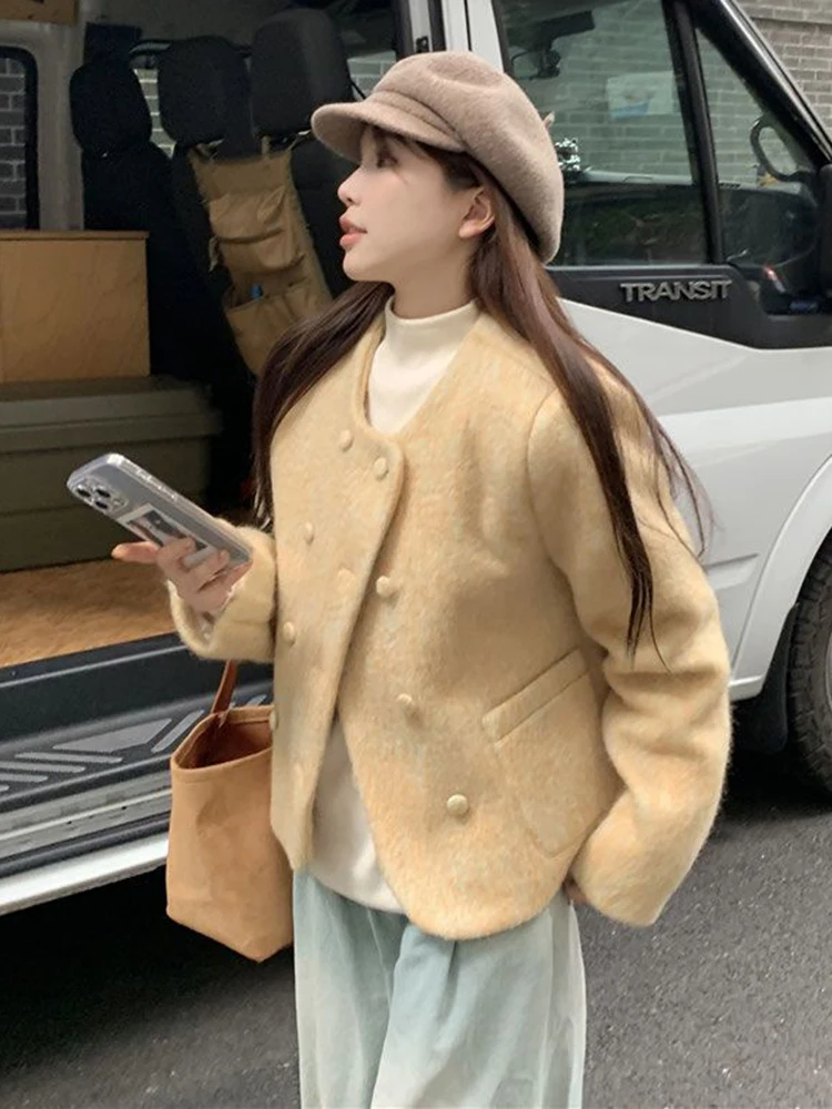 Vintage Casual Crop Woolen Coats Women Elegant Office Lady Solid Simple Button Outwear Fall Winter Long Sleeve O Neck Loose Tops