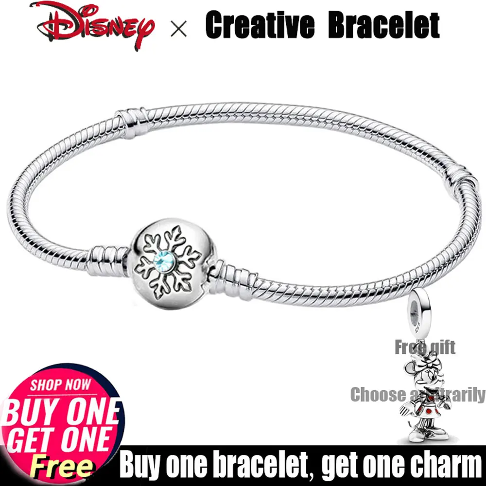 

Браслет Диснея из стерлингового серебра 925 пробы, снежинка, инкрустированный цирконом, шариковые застежки, браслет-цепочка в виде змеи для женщин и девочек, рождественские украшения, подарок
