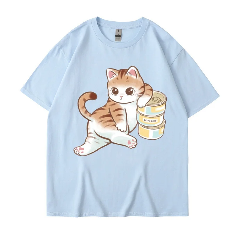 夏天남녀 커플 만화 고양이 프린트 라운드 넥 상의, 캐주얼 통기성 티셔츠, 하라주쿠 스타일 반팔 티셔츠
