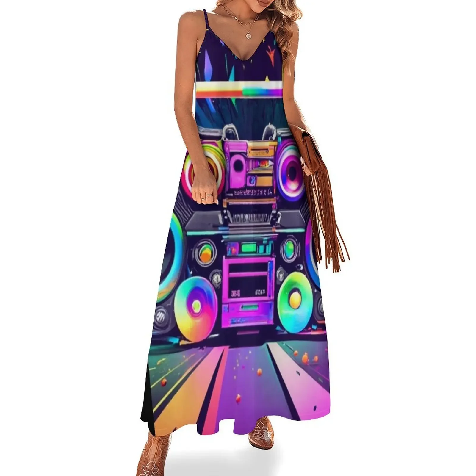 

Multi Color 80's Boombox Creative Art Sleeveless Dress long dress women evening dresses women