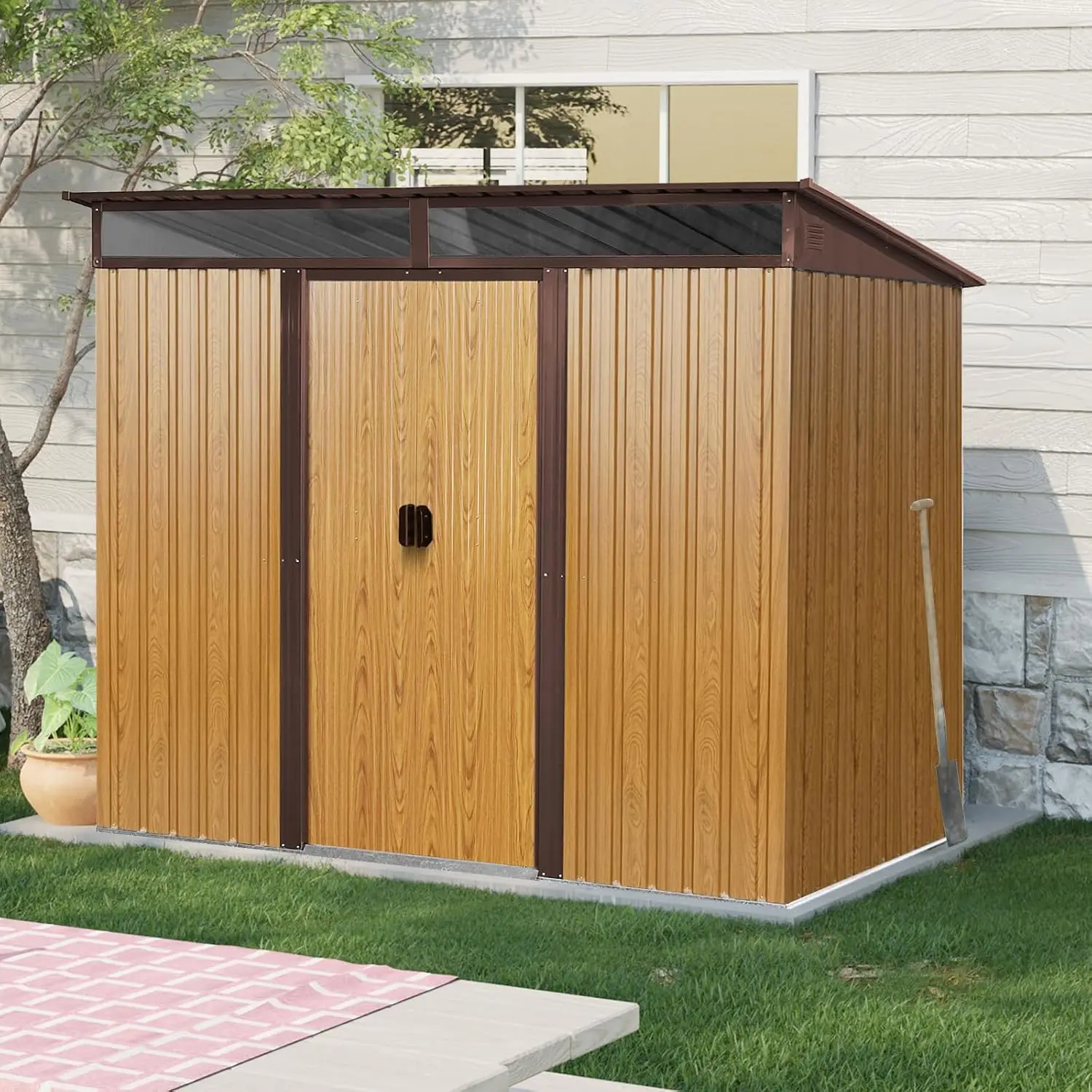 8x6 FT Outdoor Metal Storage Shed with Lockable Doors & Foundation, Transparent Plate for Garden & Lawn, Wood Grain, Customized
