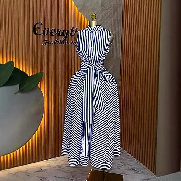 

European and American new fashion women's sleeveless waist-cinched A-line long striped dress with temperament