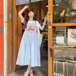 New Korean Sweet Girl Loose Strap Dress with Pocket Fashion Summer Maternity Overalls High Waist Sleeveless Pregnant Woman Dress