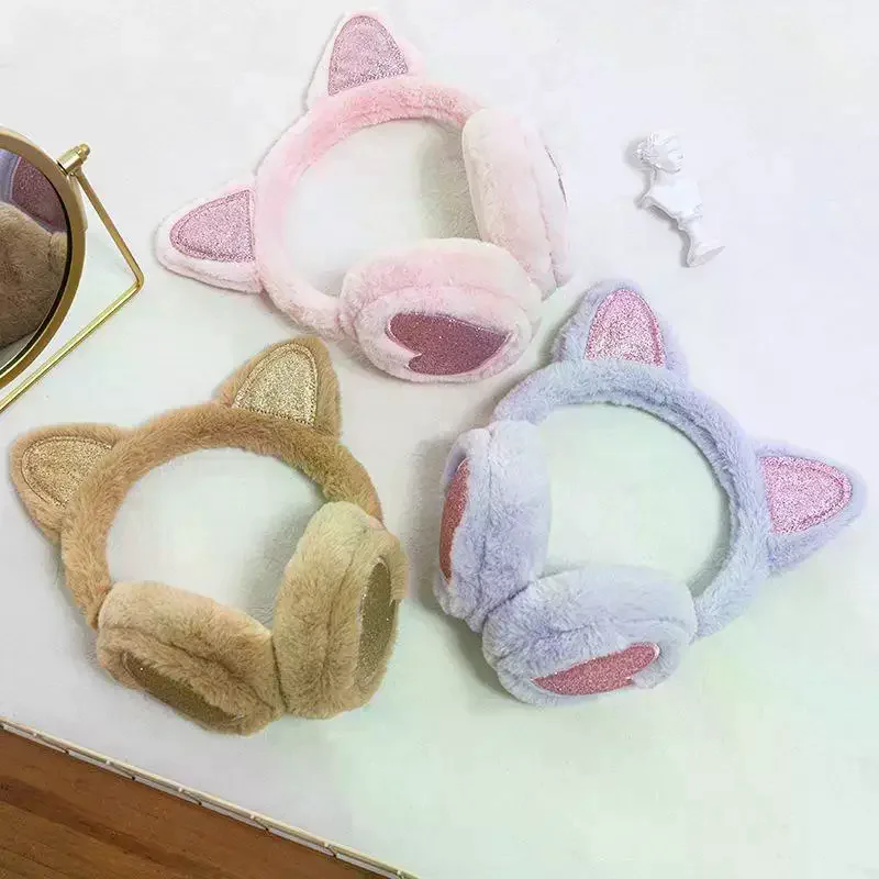 Plush Winter Warm Ear Earmuffs Glitter Cat Ear Warmers Heart Fur Hang Ear Cover For Women Girl Earflap Cold Protection Ear Muffs