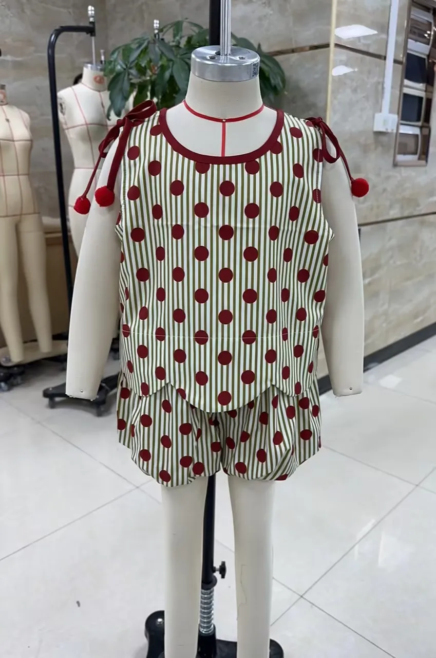 1-5Y Girls Summer 2 Piece Outfits Sleeveless O Neck Dot Print Tank Tops Lantern Shorts Sets Kids Clothes Set
