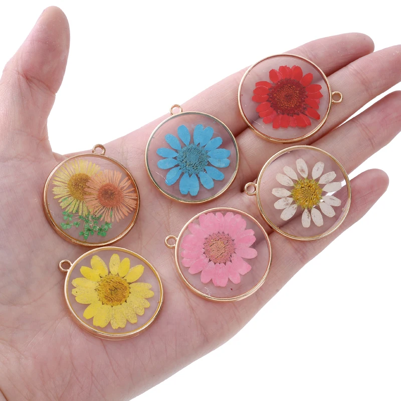 12Pcs Round Pressed Flat Plated Epoxy Natural Real Hibiscus Daisy Blossom Dried Flower Resin Charms Pendant for Jewelry Making