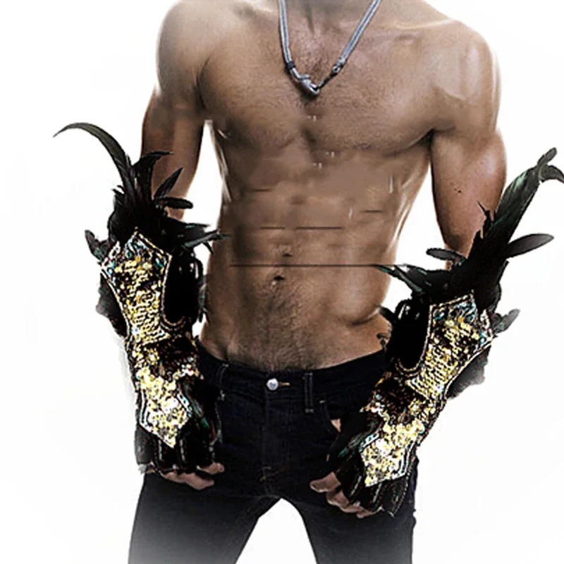 

Drag Queen Costume Burning Man Festival Feather Wrist Piece Sequin Gloves Dancer Stage Show Gear Wear Cosplay Accessories XS2492