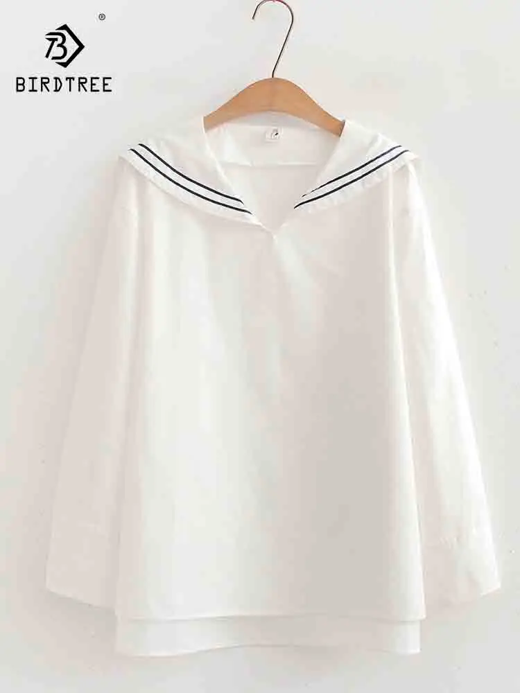 New Autumn Cotton Solid Shirts Women Sailor Collar Top Girl Long Sleeve Loose Japanese Style Blouses Age Reduce Spring T39272QC