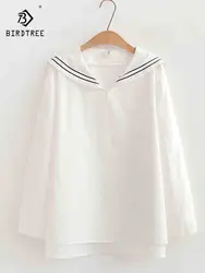 New Autumn Cotton Solid Shirts Women Sailor Collar Top Girl Long Sleeve Loose Japanese Style Blouses Age Reduce Spring T39272QC