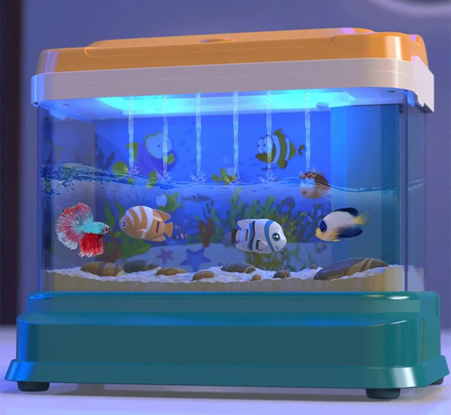 Mini acuario para niños, juguetes de pesca, pecera Artificial con peces móviles * 2 con luz USB y música, caña de pescar, cuchara de pesca