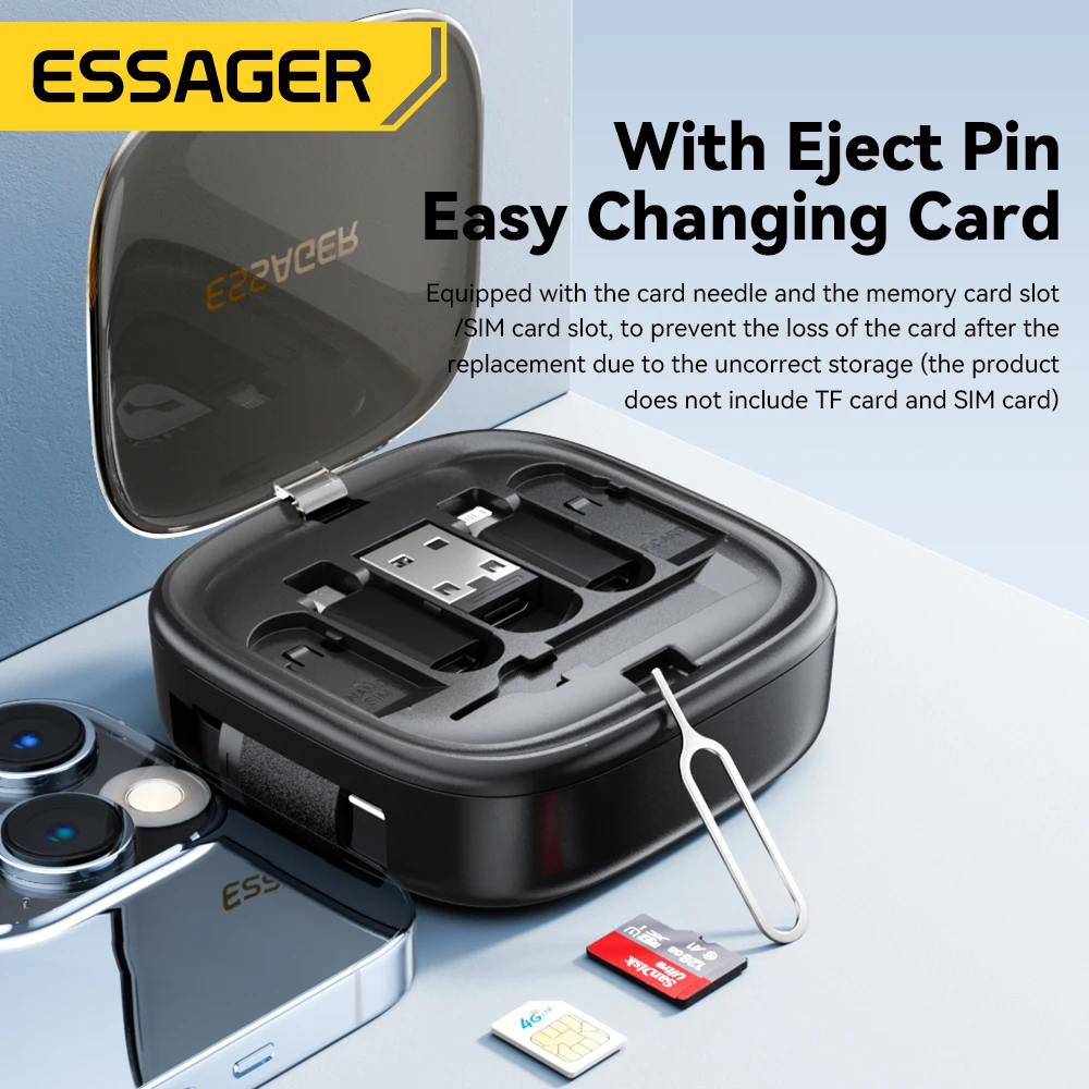 Essager-USB Type-C急速充電器,60W,多機能トラベルマイクロライトケーブル,電話ホルダー付きミニ多機能収納ボックス,ピンセット