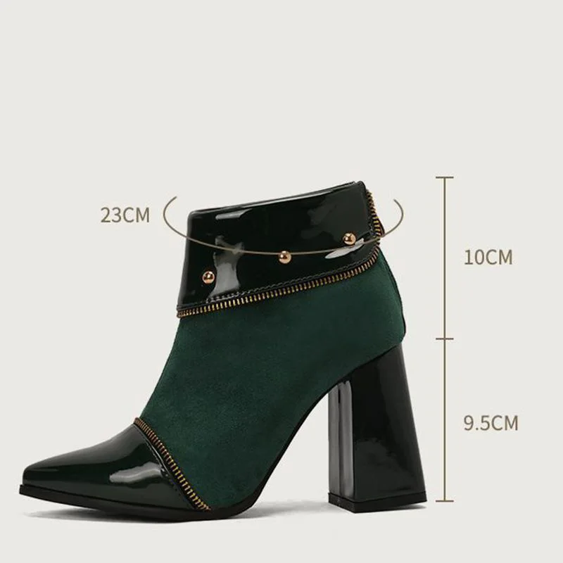 REAVE CAT Mixed Color Female Ankle Boots Pointed Toe Block Heels 9.5cm Flock Zipper Rivets Big Size 48 49 50 Fashion Dating Bota