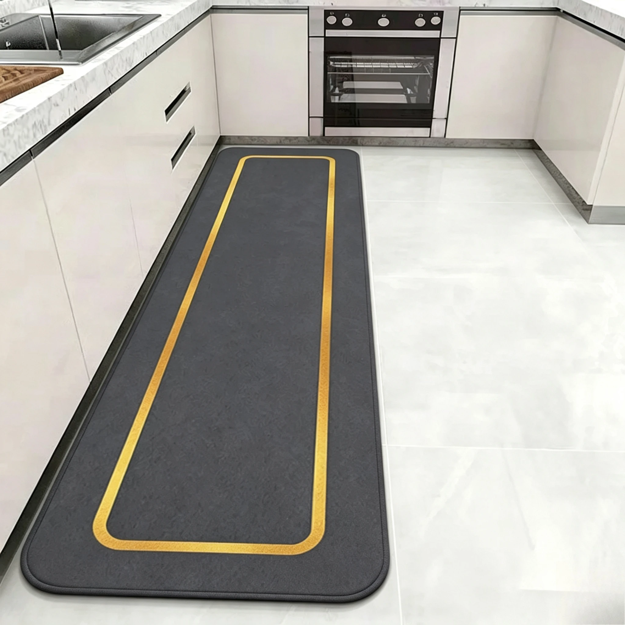 Premium Golden Trim Kitchen Runner Rug Minimalist Frame Graphic Floor Mat Household Home Decor for Cooking Area Hallway Indoor