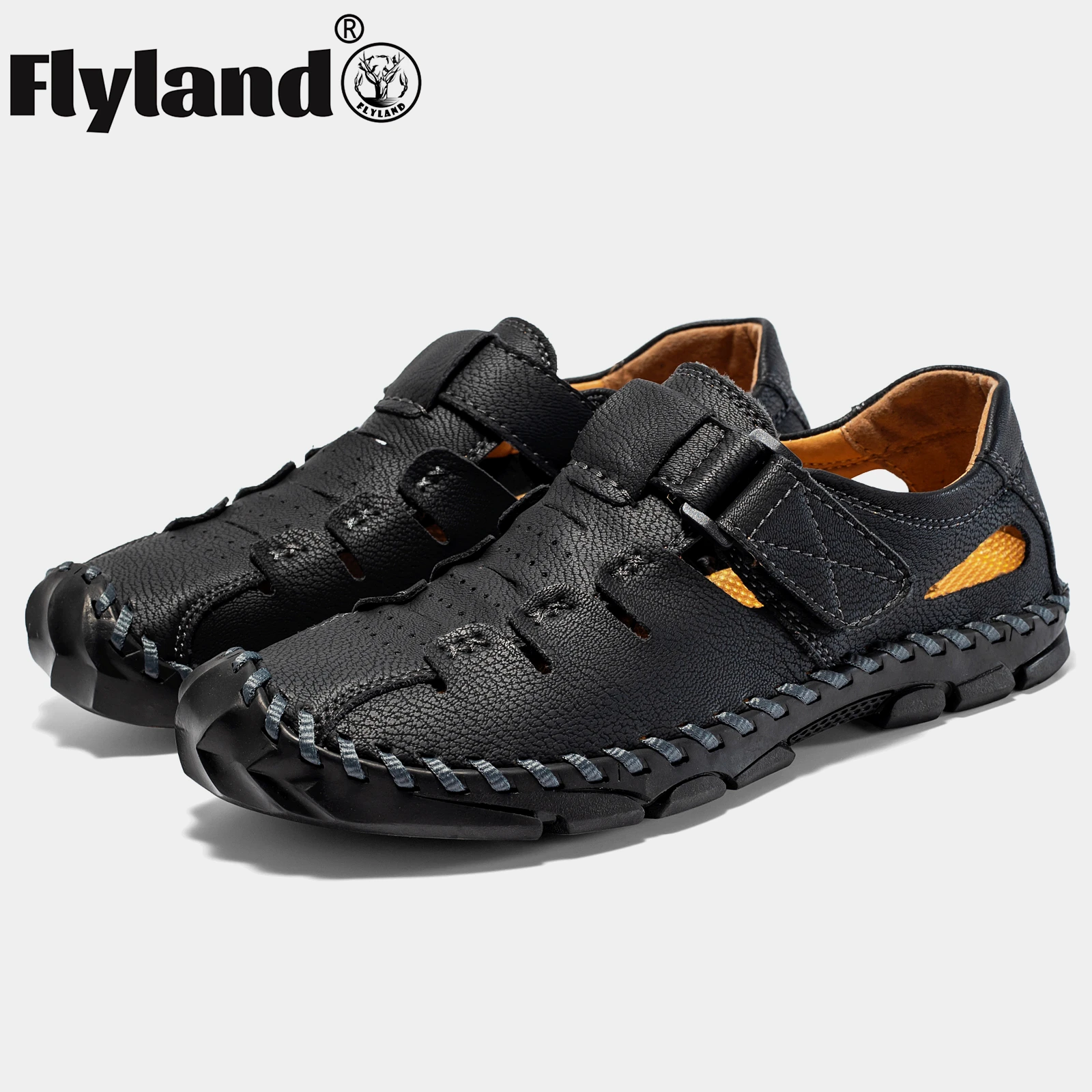 

FLYLAND Genuine Leather Men Shoes Summer New Large Size Men's Sandal Retro Classic Handmade Shoes Breathable Driving Shoes