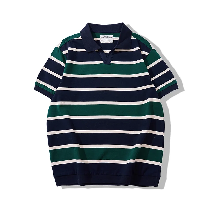 American Retro 230g Thick Heavyweight Seagull Collar Striped T-shirt Sea Soul Striped Short Sleeved