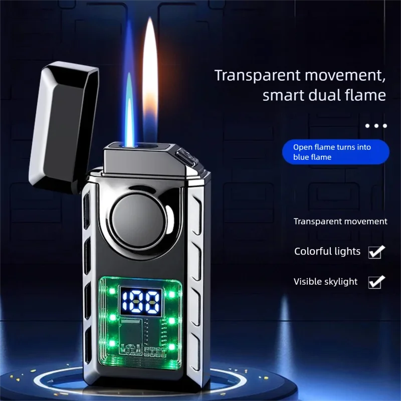 Dual Flame Butane Lighter Smart Ignition Creative Arc Jet/Open Flame with Battery Level Display Portable