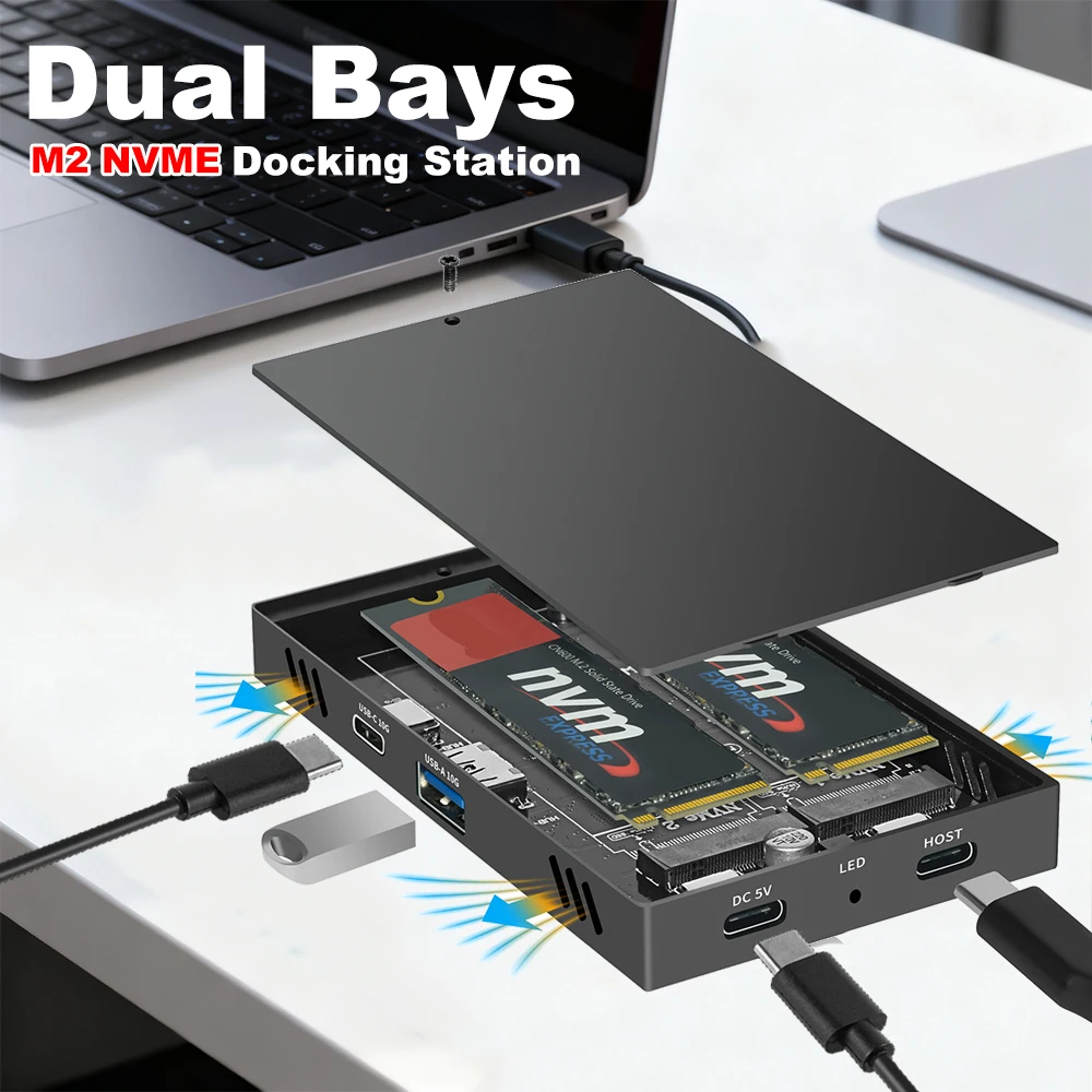 듀얼 베이 M2 NVME SSD 인클로저 10Gbps PCIe NVME 도킹 스테이션 USB3.2 GEN2 솔리드 스테이트 M.2 하드 디스크 박스 어댑터 PC용,Dual Bays M2 NVME SSD Enclouse 10Gbps PCIe NVME Docking Station USB3.2 GEN2 Solid State M.2 Hard Disk Box Adapter for PC