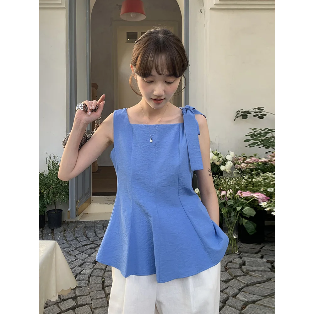 

Bowknot Shoulder Strap Blue Vest Shirt Female Summer Fashion New Retro Waist Ruffled Top