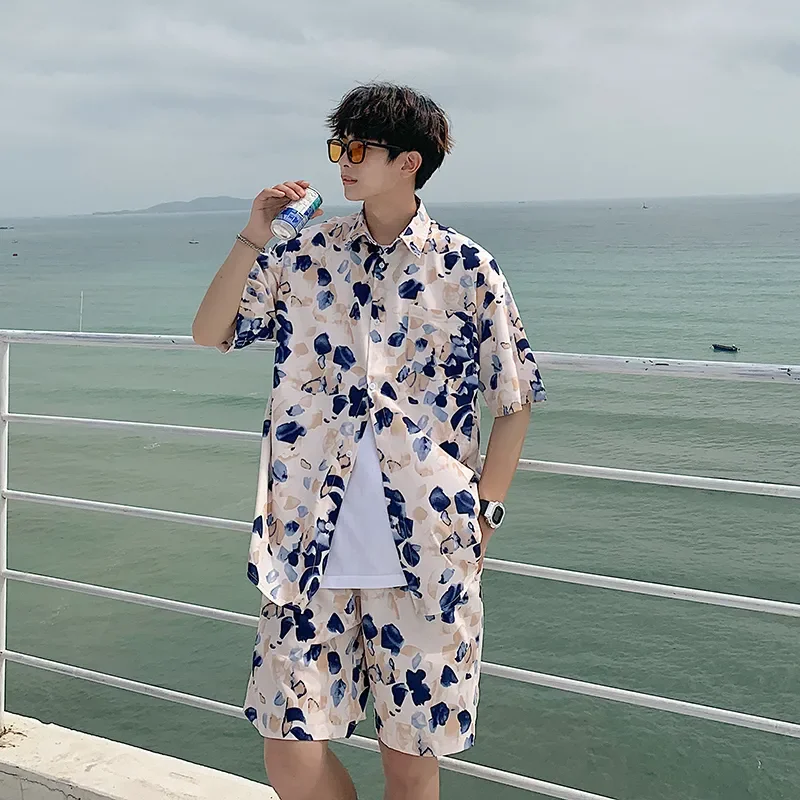 Summer Beach Suit Men's Ice Silk Floral Shirt Two-piece Set Quick-drying Seaside Summer Clothing